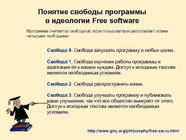 Понятие свободы программы в идеологии Free software Программа считается свободной, если пользователи располагают всеми