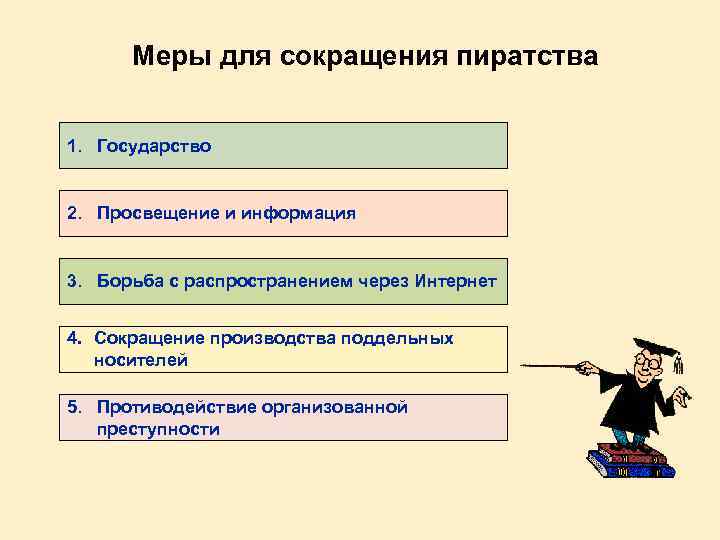 Меры для сокращения пиратства 1. Государство 2. Просвещение и информация 3. Борьба с распространением