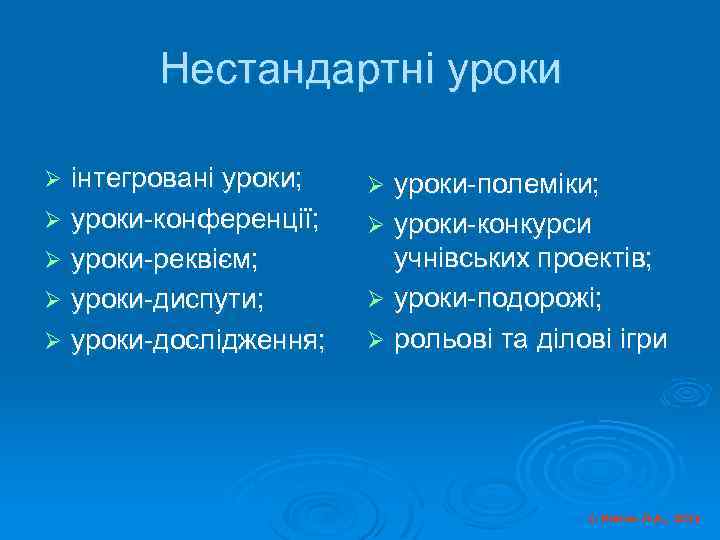 Нестандартні уроки інтегровані уроки; Ø уроки-конференції; Ø уроки-реквієм; Ø уроки-диспути; Ø уроки-дослідження; Ø уроки-полеміки;