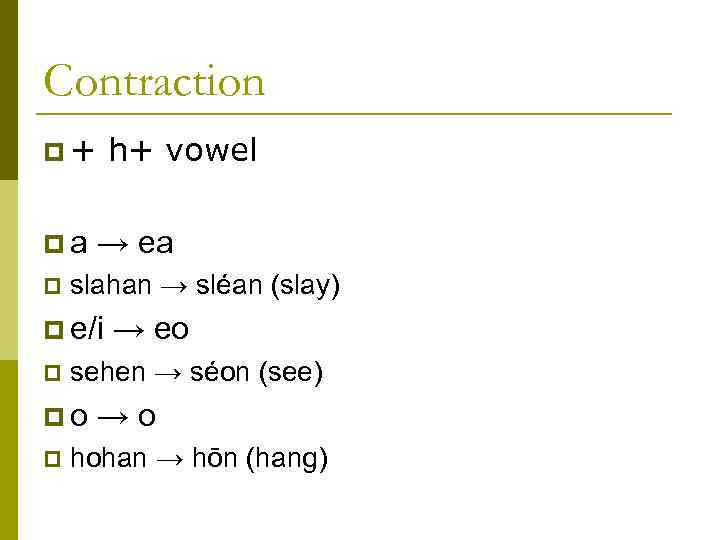 Contraction p + h+ vowel pa p → ea slahan → sléan (slay) p