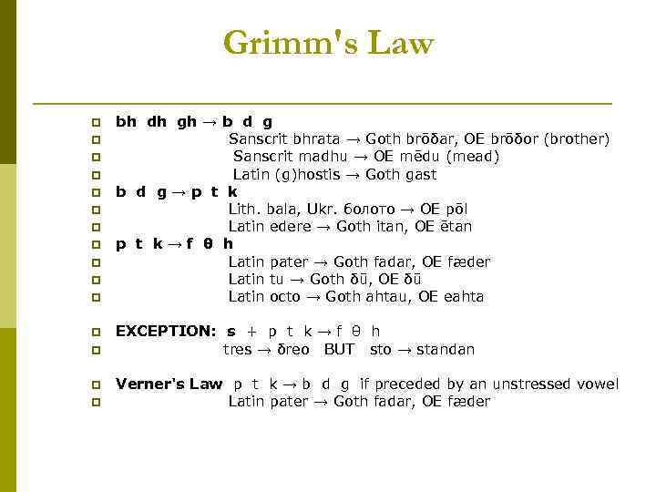 Grimm's Law p p p p bh dh gh → b d g Sanscrit