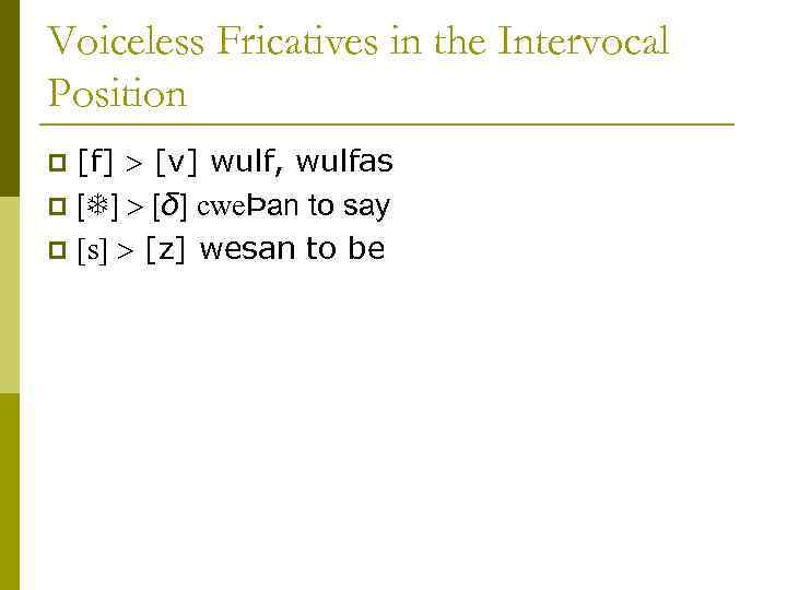 Voiceless Fricatives in the Intervocal Position [f] [v] wulf, wulfas p [ ] [δ]