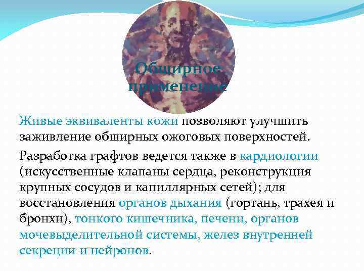 Обширное применение Живые эквиваленты кожи позволяют улучшить заживление обширных ожоговых поверхностей. Разработка графтов ведется