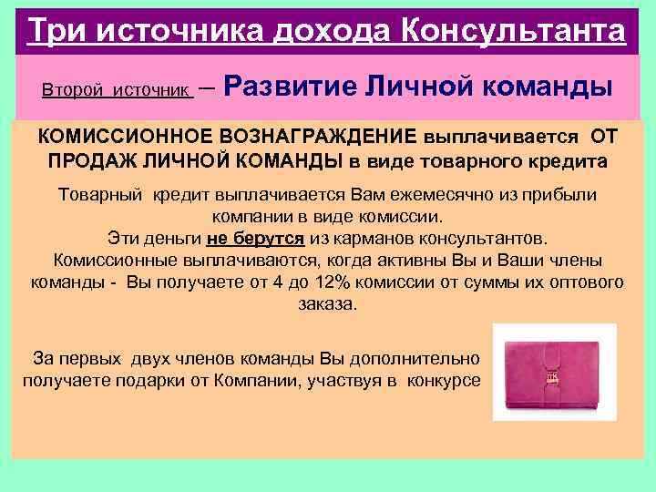 Три источника дохода Консультанта Второй источник – Развитие Личной команды КОМИССИОННОЕ ВОЗНАГРАЖДЕНИЕ выплачивается ОТ