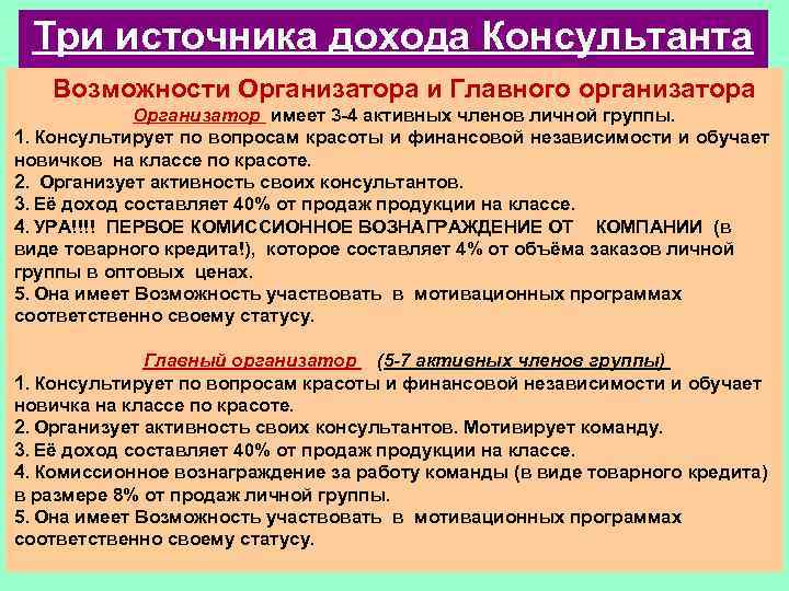 Три источника дохода Консультанта Возможности Организатора и Главного организатора Организатор имеет 3 -4 активных