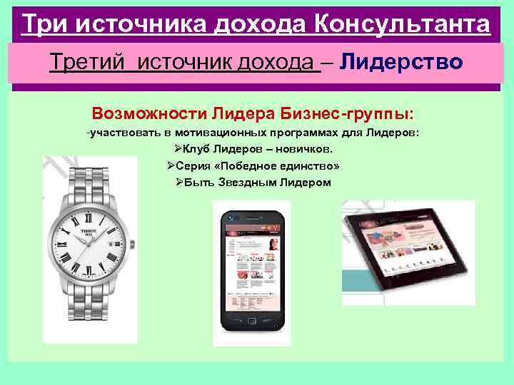 Три источника дохода Консультанта Третий источник дохода – Лидерство Возможности Лидера Бизнес-группы: -участвовать в