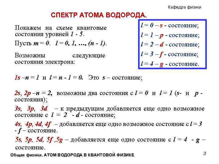 Кафедра физики СПЕКТР АТОМА ВОДОРОДА. l = 0 – s - состояние; Покажем на