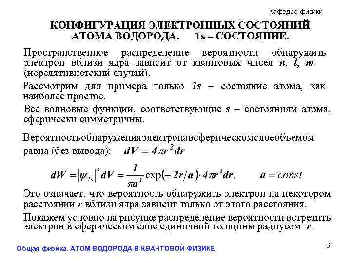 Кафедра физики КОНФИГУРАЦИЯ ЭЛЕКТРОННЫХ СОСТОЯНИЙ АТОМА ВОДОРОДА. 1 s – СОСТОЯНИЕ. Пространственное распределение вероятности