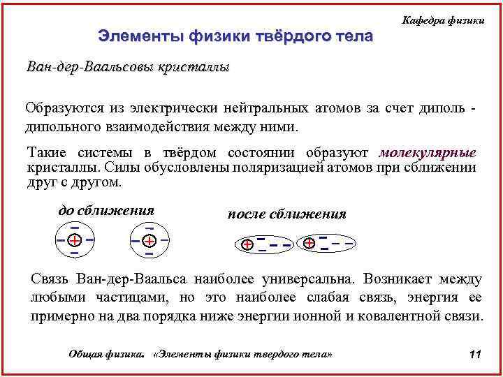 Элементы физики твёрдого тела Кафедра физики Ван-дер-Ваальсовы кристаллы Образуются из электрически нейтральных атомов за