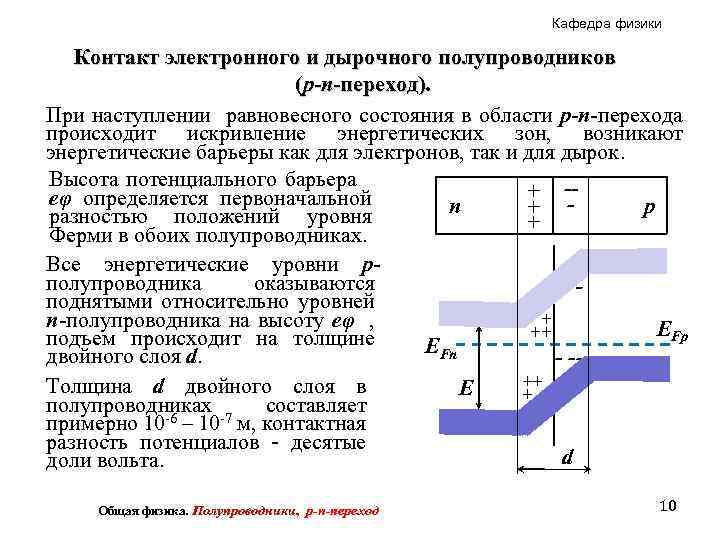 Кафедра физики Контакт электронного и дырочного полупроводников (p-n-переход). При наступлении равновесного состояния в области