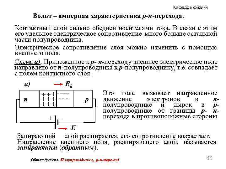 Кафедра физики Вольт – амперная характеристика p-n-перехода Контактный слой сильно обеднен носителями тока. В