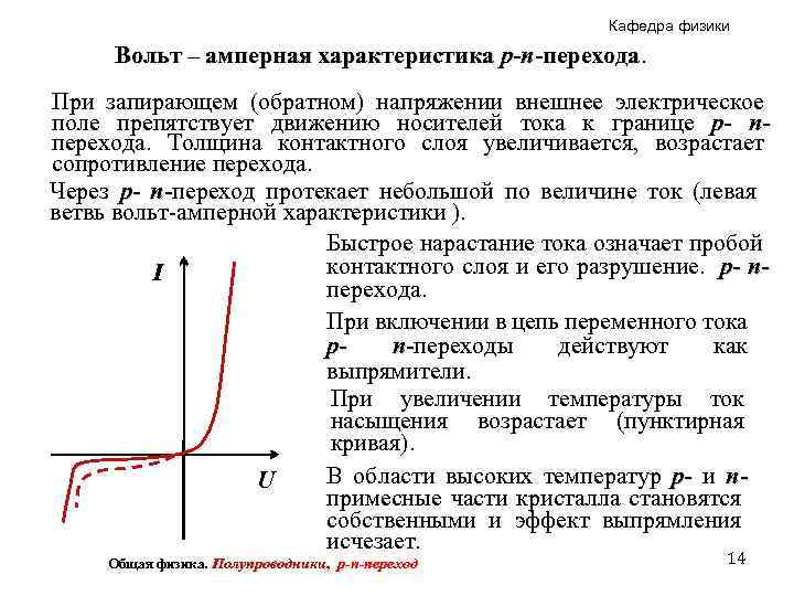 Кафедра физики Вольт – амперная характеристика p-n-перехода При запирающем (обратном) напряжении внешнее электрическое поле
