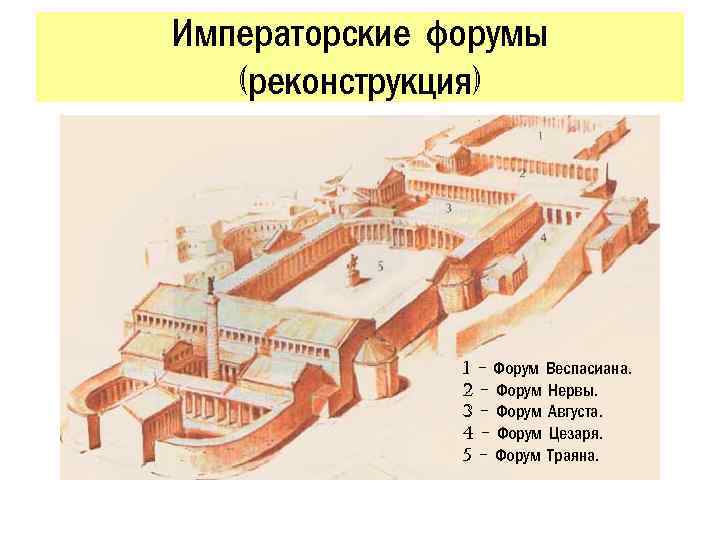 Императорские форумы (реконструкция) 1 - Форум Веспасиана. 2 - Форум Нервы. 3 - Форум