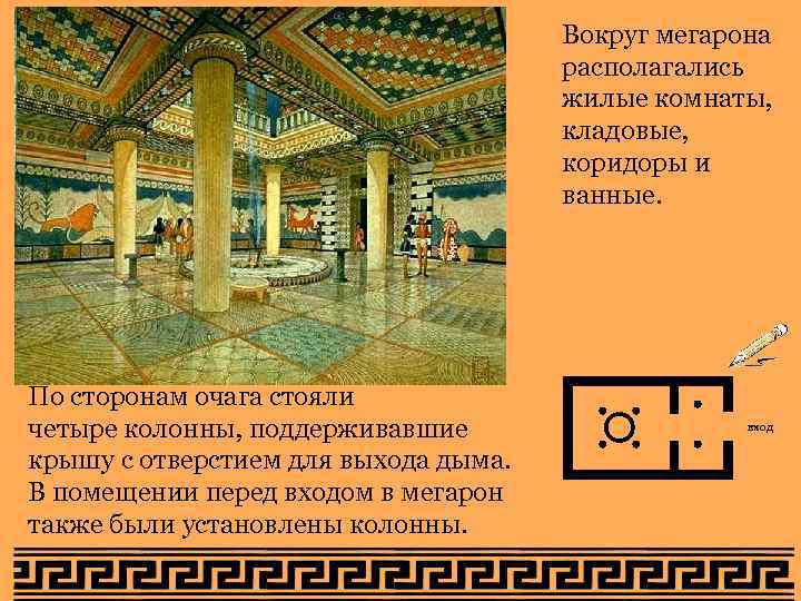 Вокруг мегарона располагались жилые комнаты, кладовые, коридоры и ванные. По сторонам очага стояли четыре
