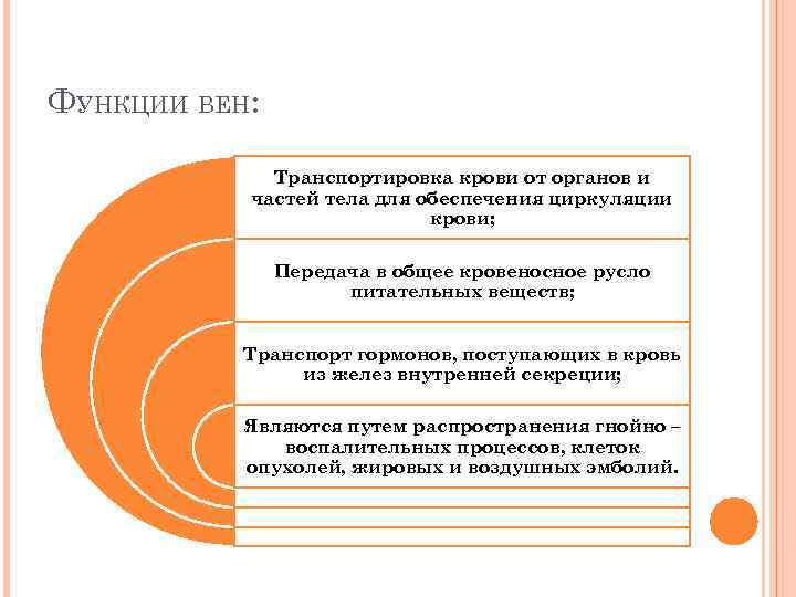 ФУНКЦИИ ВЕН: Транспортировка крови от органов и частей тела для обеспечения циркуляции крови; Передача