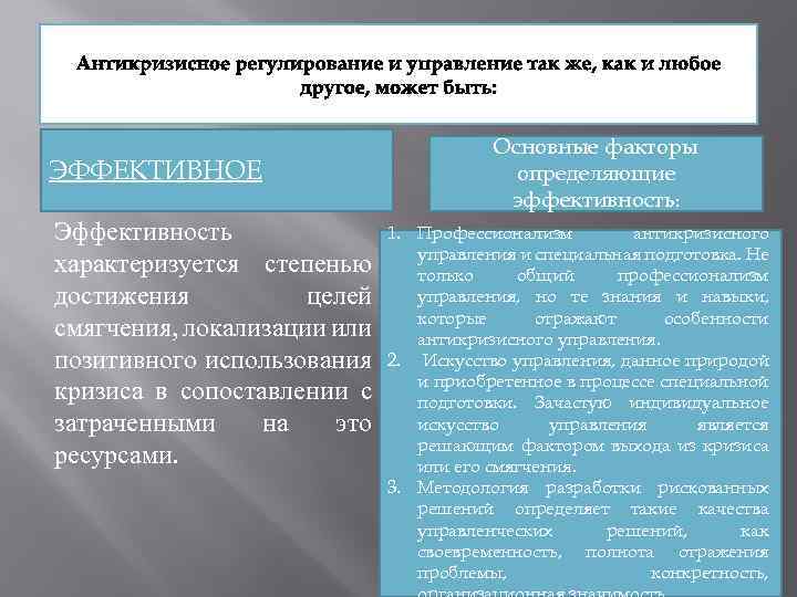 Антикризисное регулирование и управление так же, как и любое другое, может быть: ЭФФЕКТИВНОЕ Эффективность