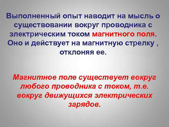 Выполненный опыт наводит на мысль о существовании вокруг проводника с электрическим током магнитного поля.