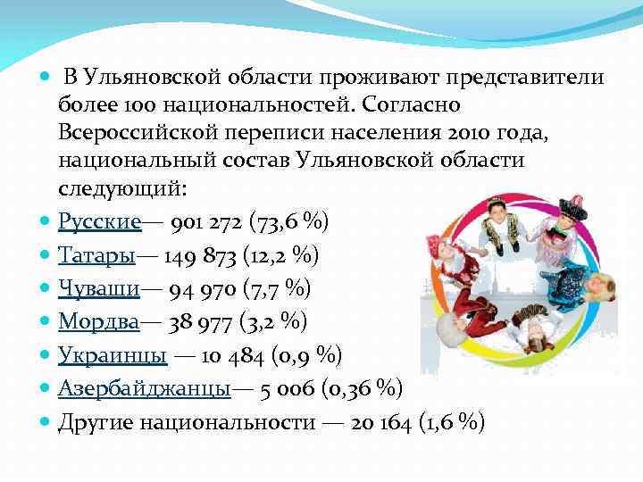  В Ульяновской области проживают представители более 100 национальностей. Согласно Всероссийской переписи населения 2010
