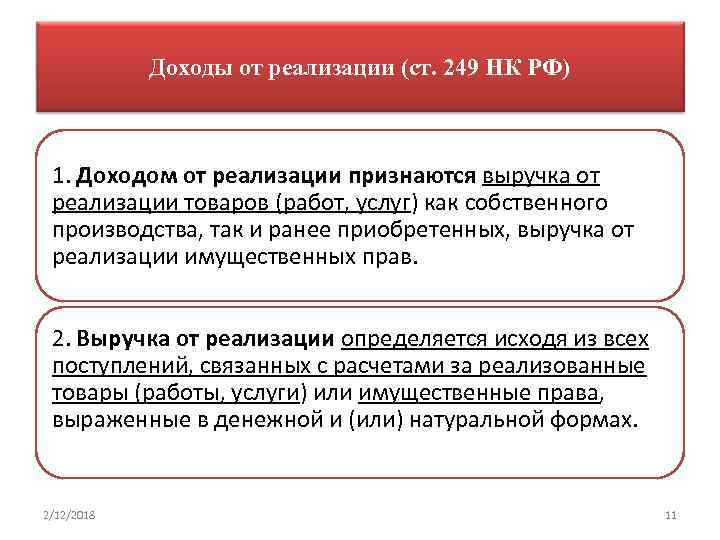 Доходы от реализации (ст. 249 НК РФ) 1. Доходом от реализации признаются выручка от