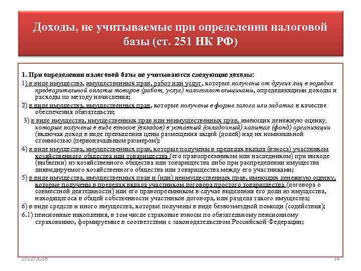 Доходы, не учитываемые при определении налоговой базы (ст. 251 НК РФ) 1. При определении