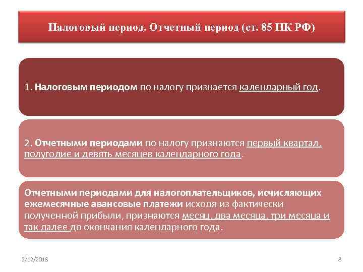 Налоговый период. Отчетный период (ст. 85 НК РФ) 1. Налоговым периодом по налогу признается