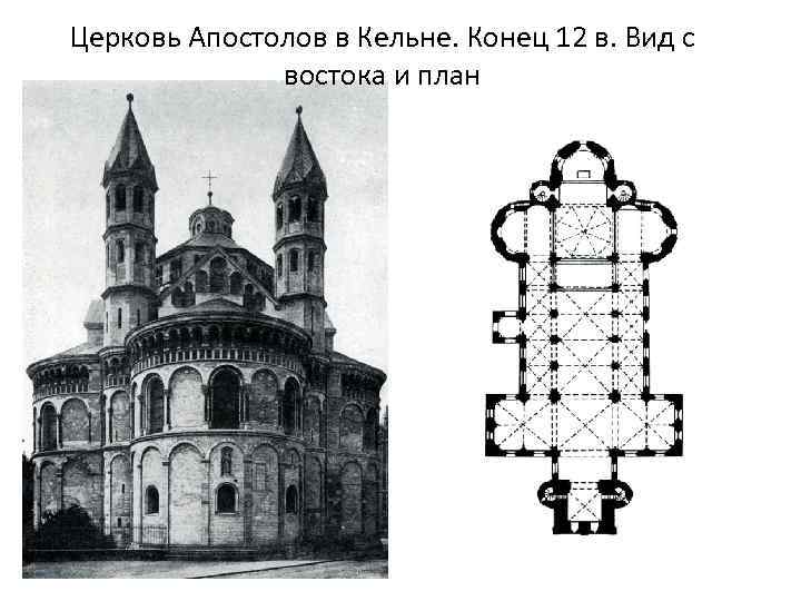 Церковь Апостолов в Кельне. Конец 12 в. Вид с востока и план 