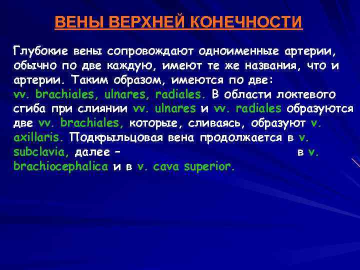 ВЕНЫ ВЕРХНЕЙ КОНЕЧНОСТИ Глубокие вены сопровождают одноименные артерии, обычно по две каждую, имеют те