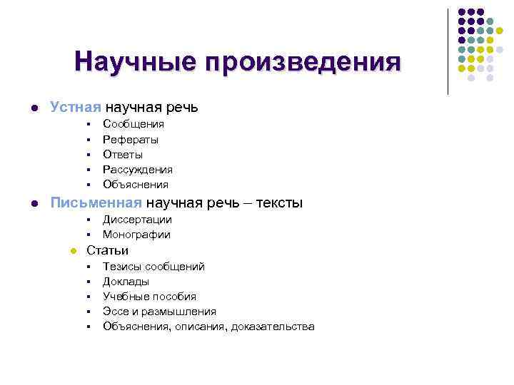 Научные произведения l Устная научная речь § § § l Сообщения Рефераты Ответы Рассуждения