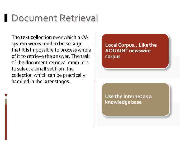 Document Retrieval The text collection over which a QA system works tend to be