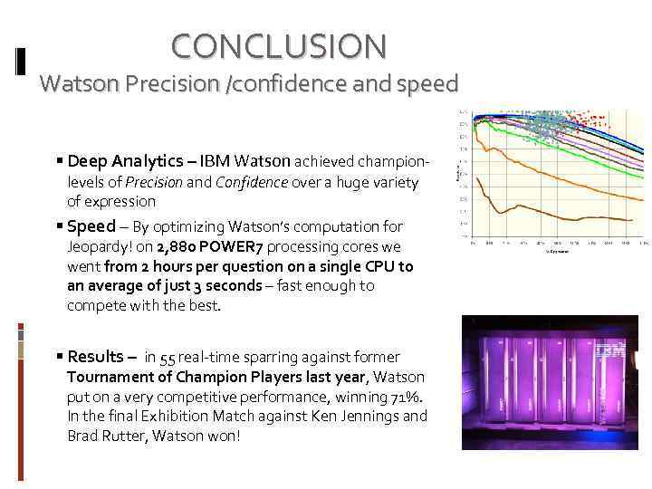 CONCLUSION Watson Precision /confidence and speed Deep Analytics – IBM Watson achieved championlevels of