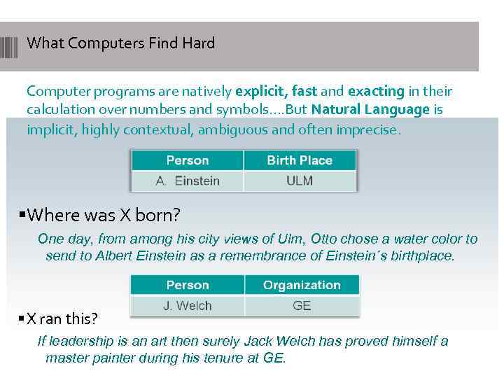 What Computers Find Hard Computer programs are natively explicit, fast and exacting in their