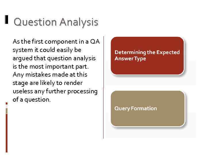 Question Analysis As the first component in a QA system it could easily be