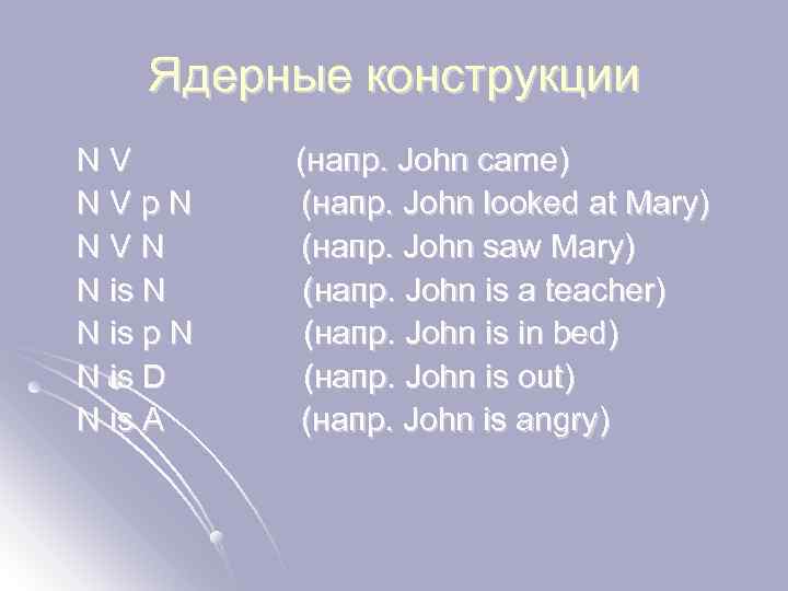 Ядерные конструкции N V (напр. John came) N V р N (напр. John looked