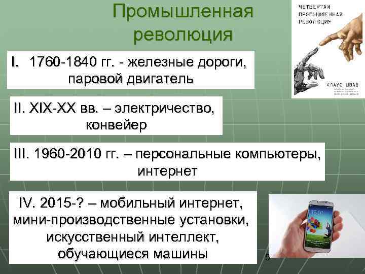 Промышленная революция I. 1760 -1840 гг. - железные дороги, паровой двигатель II. XIX-XX вв.