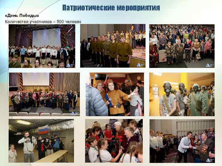 Патриотические мероприятия «День Победы» Количество участников – 500 человек 
