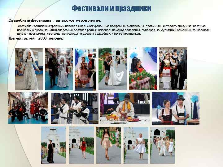 Фестивали и праздники Свадебный фестиваль – авторское мероприятие. Фестиваль свадебных традиций народов мира. Экскурсионные