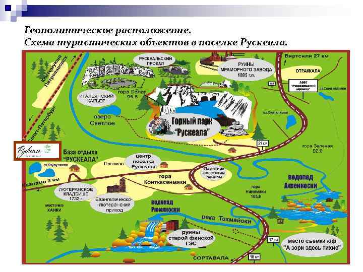 Геополитическое расположение. Схема туристических объектов в поселке Рускеала. 