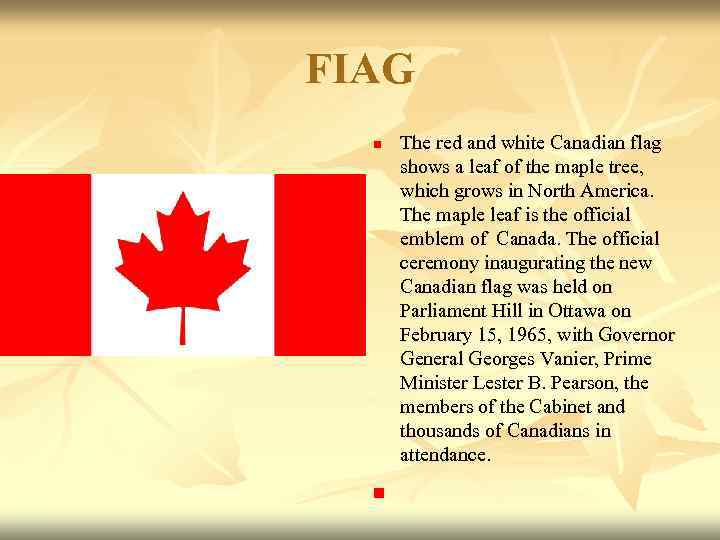 FIAG n n The red and white Canadian flag shows a leaf of the