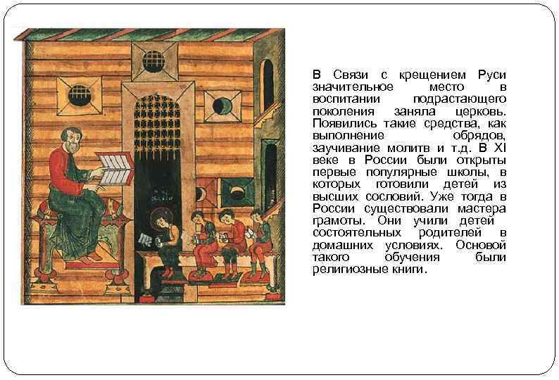 В Связи с крещением Руси значительное место в воспитании подрастающего поколения заняла церковь. Появились
