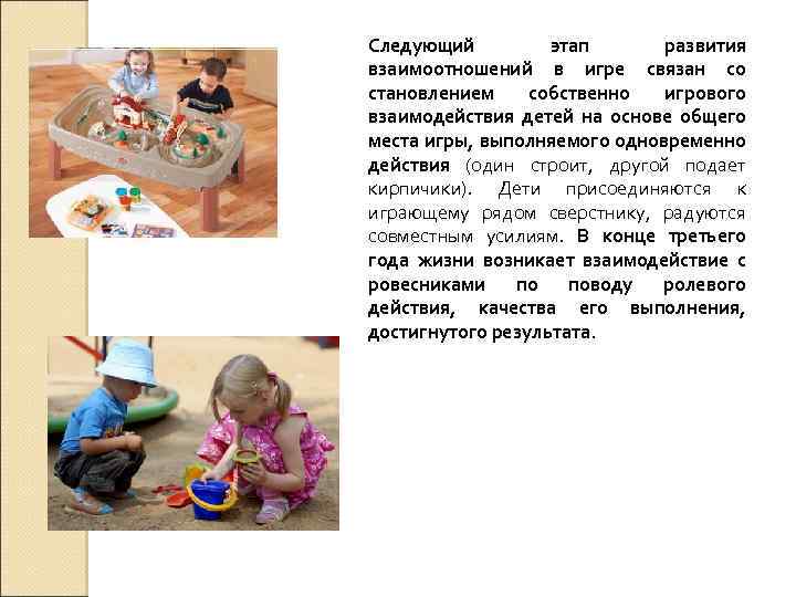 Следующий этап развития взаимоотношений в игре связан со становлением собственно игрового взаимодействия детей на