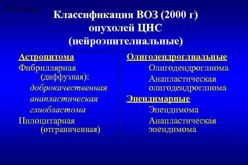 Классификация ВОЗ (2000 г) опухолей ЦНС (нейроэпителиальные) Астроцитома Фибриллярная (диффузная): доброкачественная анапластическая глиобластома Пилоцитарная