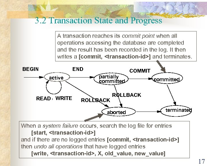 3. 2 Transaction State and Progress A transaction reaches its commit point when all