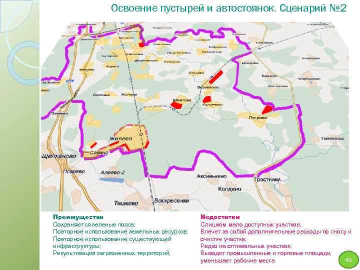 Освоение пустырей и автостоянок. Сценарий № 2 Преимущества Сохраняются зеленые пояса; Повторное использование земельных