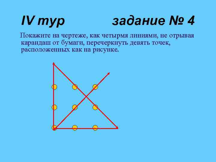 IV тур задание № 4 Покажите на чертеже, как четырмя линиями, не отрывая карандаш