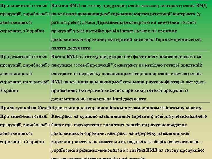 При вивезенні готової Вивізна ВМД на готову продукцію; копія векселя; контракт; копія ВМД продукції,