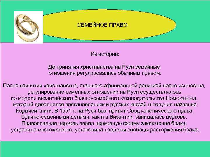 СЕМЕЙНОЕ ПРАВО Из истории: До принятия христианства на Руси семейные отношения регулировались обычным правом.