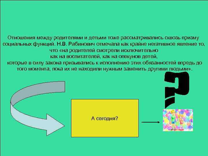 Отношения между родителями и детьми тоже рассматривались сквозь призму социальных функций. Н. В. Рабинович