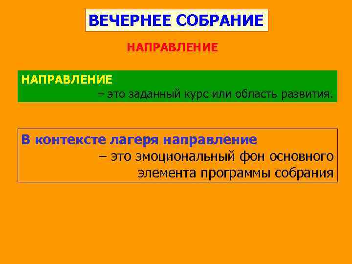 ВЕЧЕРНЕЕ СОБРАНИЕ НАПРАВЛЕНИЕ – это заданный курс или область развития. В контексте лагеря направление