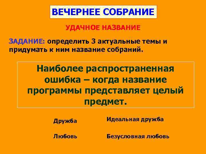 ВЕЧЕРНЕЕ СОБРАНИЕ УДАЧНОЕ НАЗВАНИЕ ЗАДАНИЕ: определить 3 актуальные темы и придумать к ним название