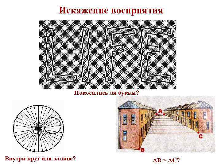Искажение восприятия Покосились ли буквы? Внутри круг или эллипс? АВ > АС? 